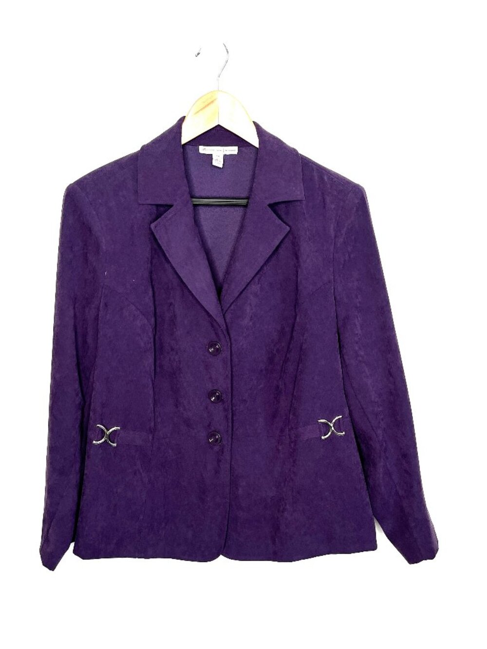 JM Collection Womens Size 16W Purple 3 Button Jacket 3/4 Sleeves, Metal Clips